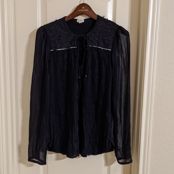 Anthropologie Tiny Navy Mixed Media Tie Blouse L - Picture 2 of 8